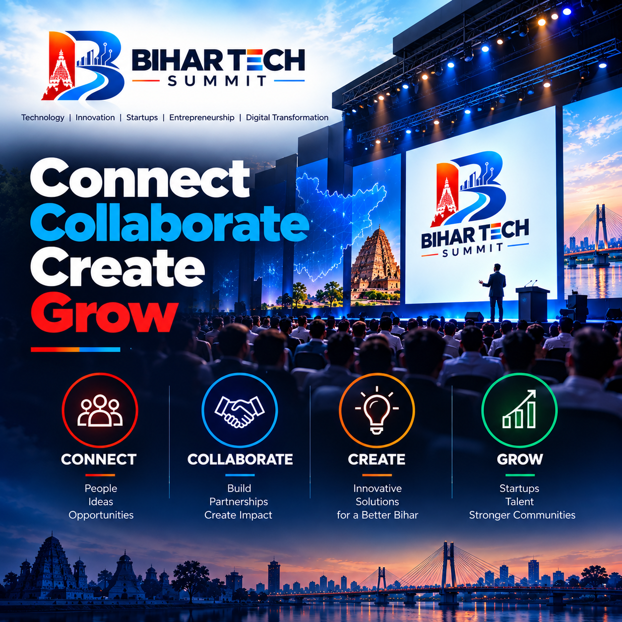 Bihar Tech Summit artwork illustrating connect, collaborate, create, and grow