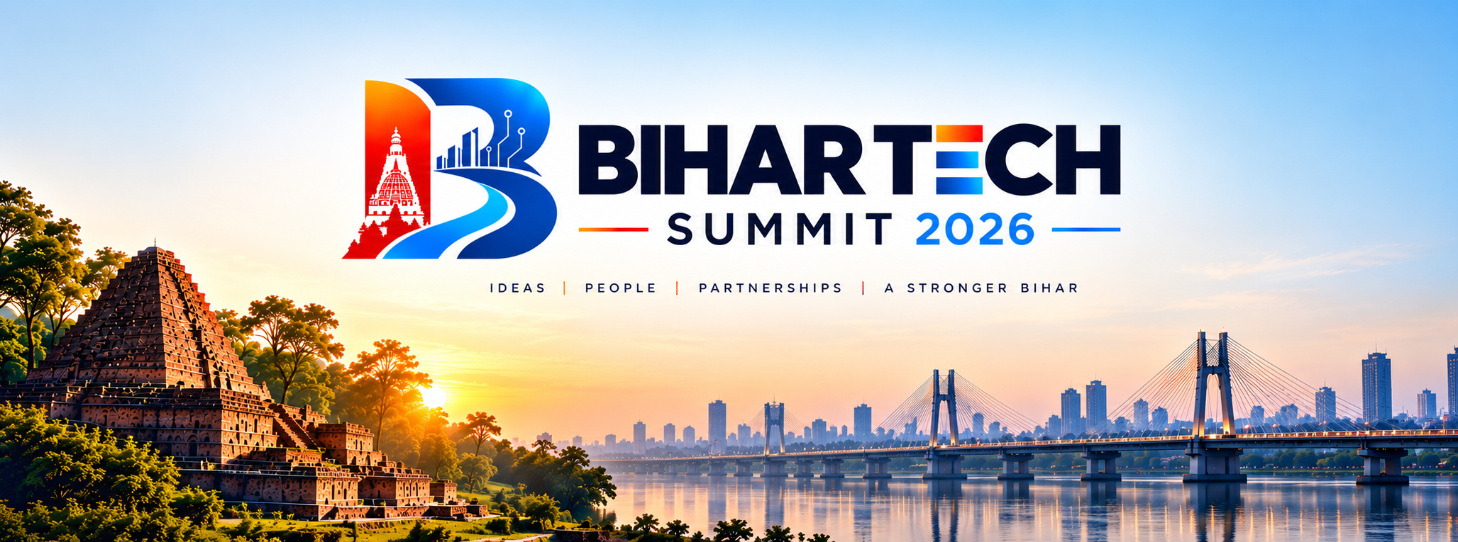 Bihar Tech Summit 2026 banner featuring Bihar heritage, innovation, and skyline