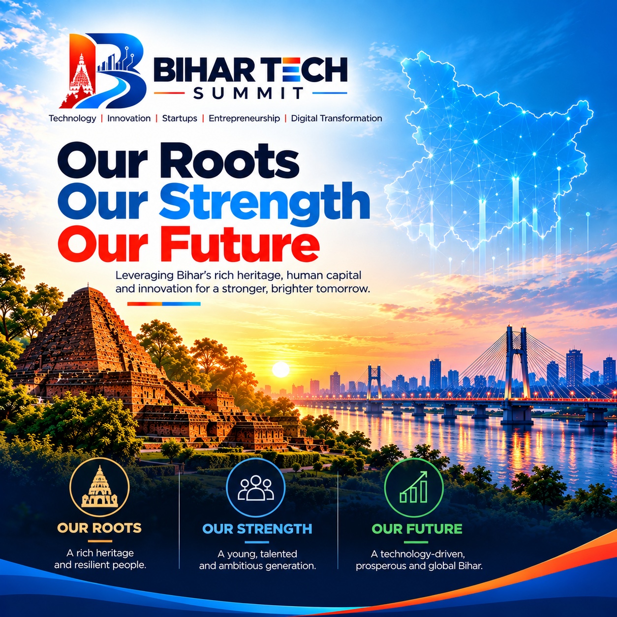 Bihar Tech Summit artwork about Bihar roots, strength, and future