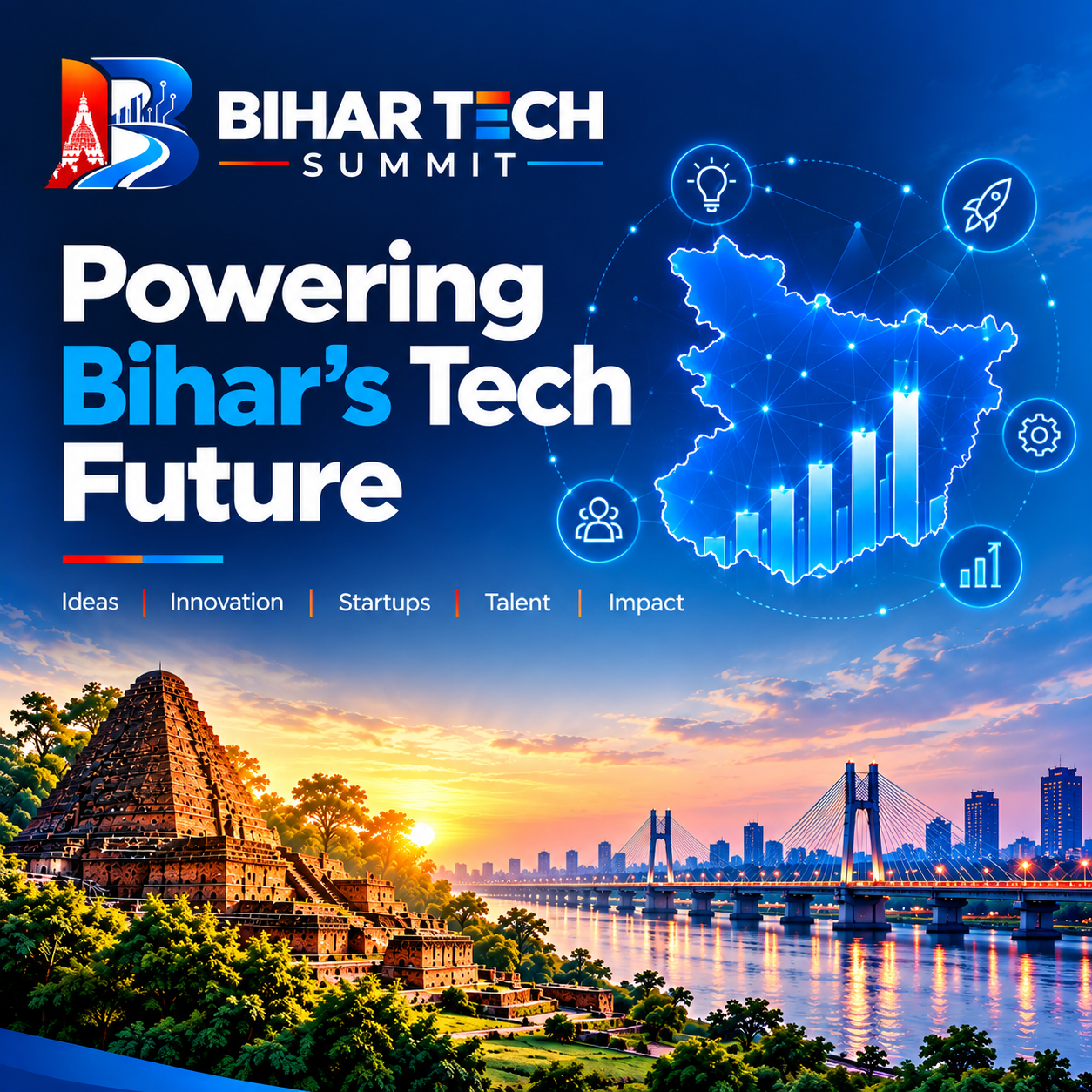Bihar Tech Summit artwork showing technology powering Bihar future